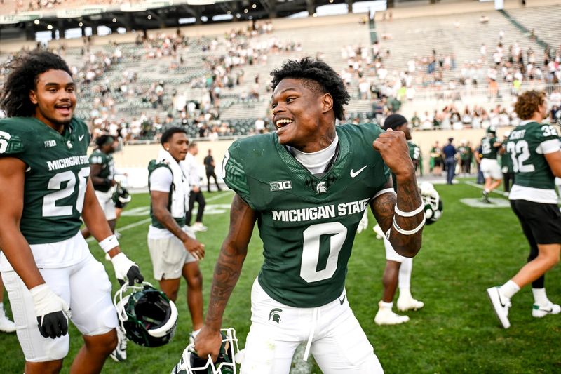 Michigan State's Charles Brantley celebrates after the win over Prairie View A&M on Saturday, Sept. 14, 2024, at Spartan Stadium in East Lansing.