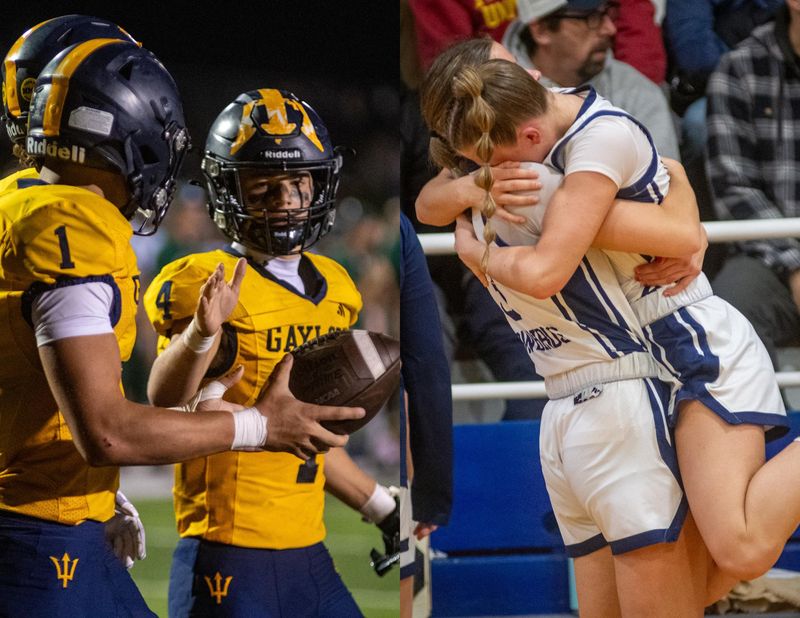 Gaylord's Kaven Cole (1) and Jaron Bensinger (4) are joining each other on the Alma College football team, while Payton Glasby and Kaylee Jeffers (right) are headed to Grand Rapids Community College to play basketball together again.