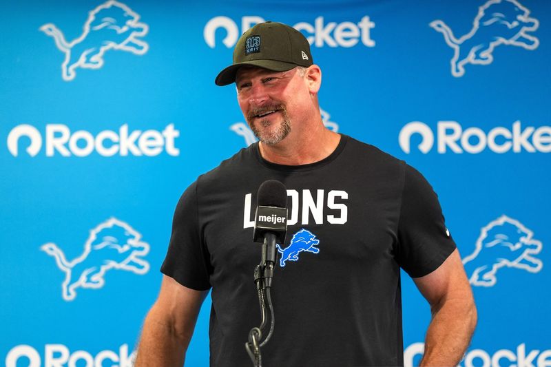 Aug 3, 2026; Allen Park, MI, USA; Detroit Lions head coach Dan Campbell addresses the media prior to Detroit Lions training camp. Mandatory Credit: Paul Barnick-Imagn Images