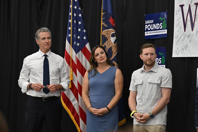 California Gov. Gavin Newsom joined Michigan Democratic House nominees Sarah Pounds and Alex Hawkins for a joint canvas launch in Oakland County on Sunday, Aug. 9, 2026.