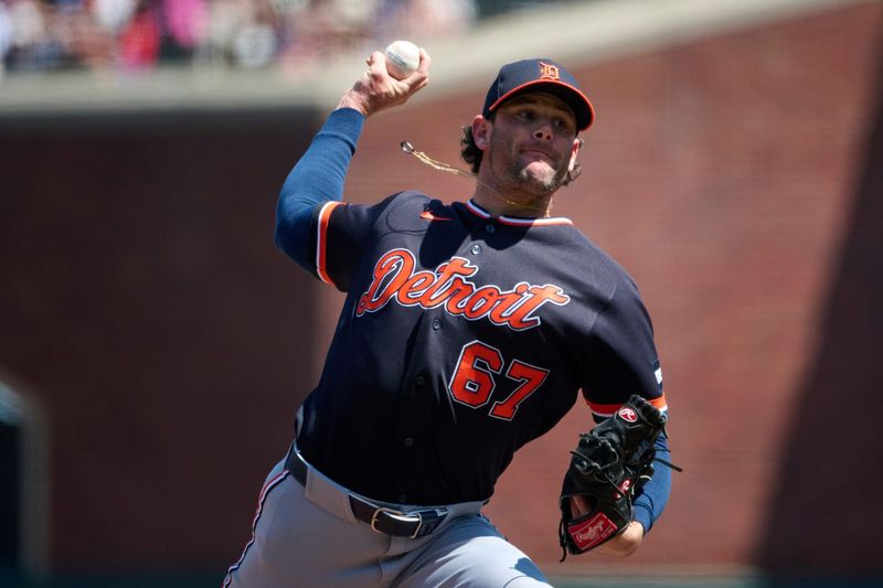 Detroit Tigers pitcher Kyle Finnegan (67) throws a pitch against the San Francisco Giants during the seventh inning at Oracle Park in San Francisco on Sunday, Aug. 9, 2026.
