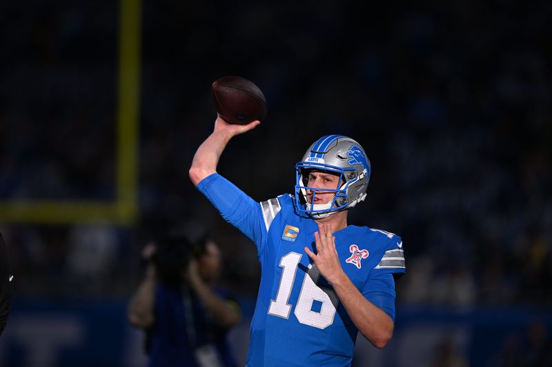 Dec 21, 2025; Detroit, Michigan, USA; Detroit Detroit Lions quarterback Jared Goff (16) warms up before the game against the Pittsburgh Steelers at Ford Field. Mandatory Credit: Lon Horwedel-Imagn Images