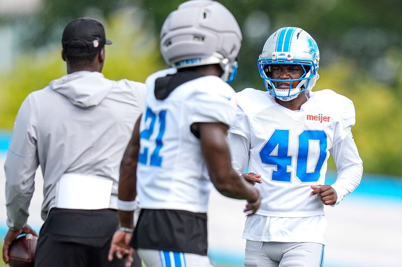 Detroit Lions cornerback Ryan Cooper Jr. (40) practices with cornerback Roger McCreary (21) during training camp at Meijer Performance Center in Allen Park on Monday, August 10, 2026.