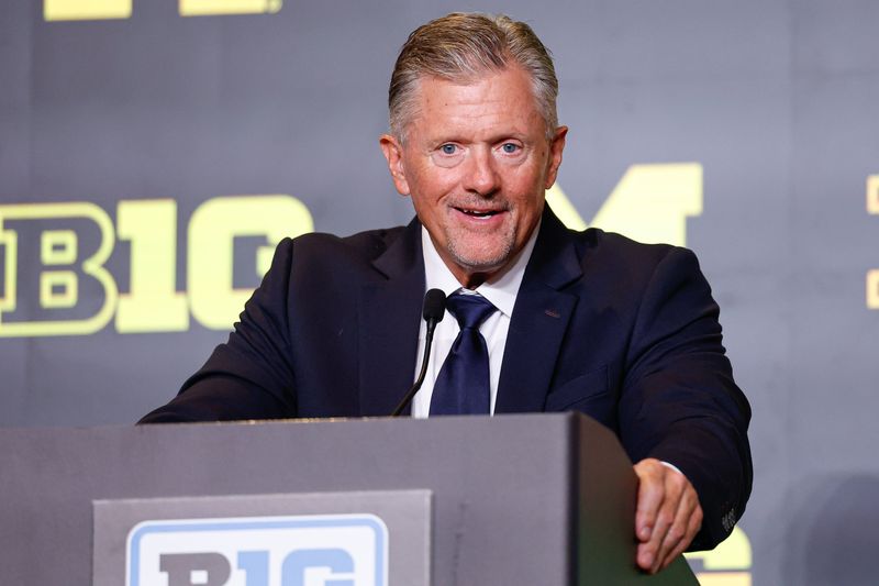 Michigan head coach Kyle Whittingham speaks during Big Ten Media Days at Hilton Chicago.
