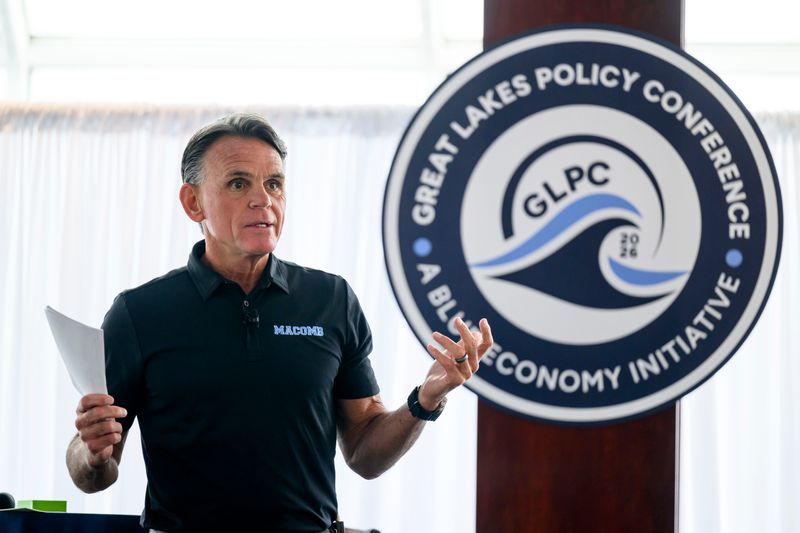 Macomb County Executive Mark A. Hackel speaks during the Great Lakes Policy Conference, at MacRay Harbor, in Harrison Twp., Aug. 12, 2026.