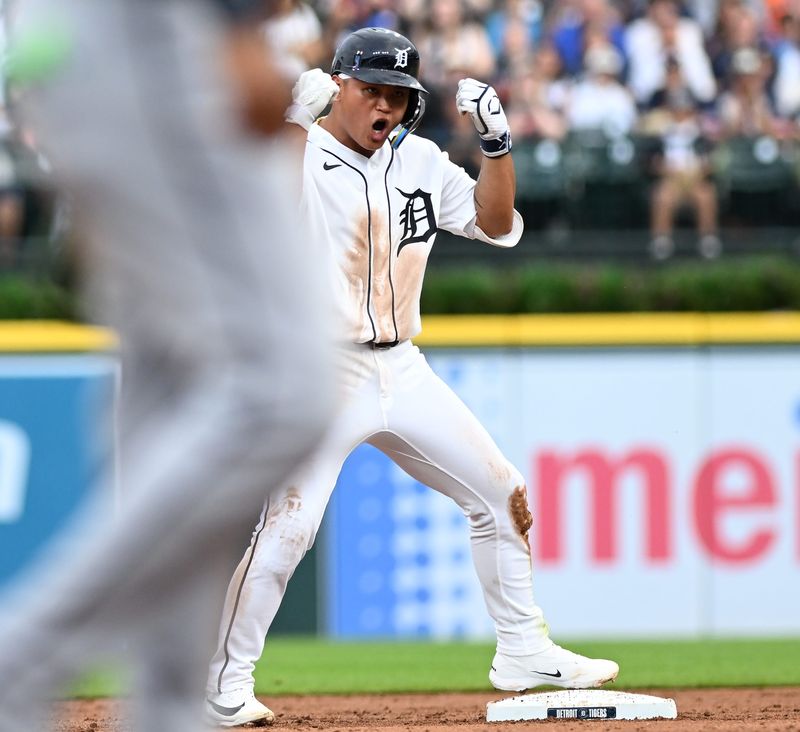 Tigers’ Hao-Yu Lee reacts after he doubles in the first inning. Detroit Tigers take on the Cleveland Guardians on Aug. 12, 2026 at Comerica Park in Detroit.