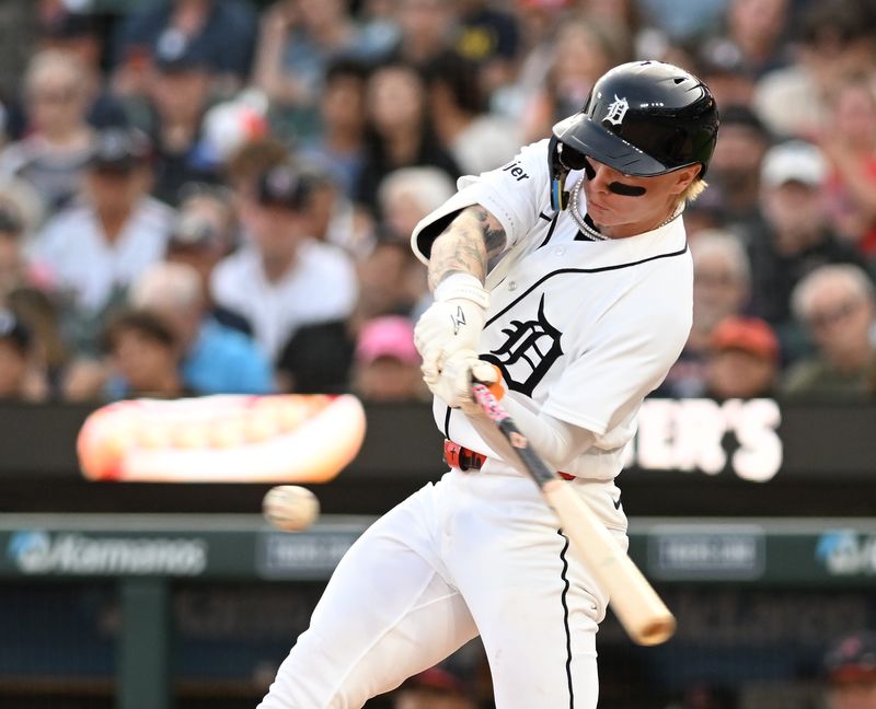 Tigers’ Max Clark singles in the fourth inning. Detroit Tigers take on the Cleveland Guardians on Aug. 12, 2026 at Comerica Park in Detroit.