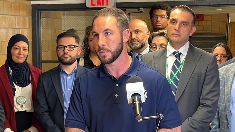 Dearborn Mayor Abdullah Hammoud speaks at a press conference at Lowrey Middle School in Dearborn, Michigan, on August 6, 2026.