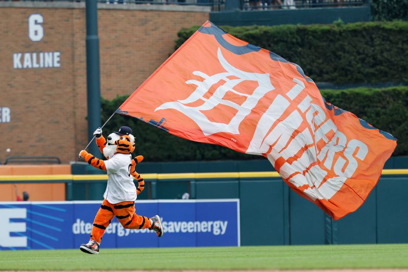 Detroit Tigers mascot Paws celebrates after defeating the Cleveland Guardians, 3-0, at Comerica Park, Thursday, Aug. 13, 2026 in Detroit.