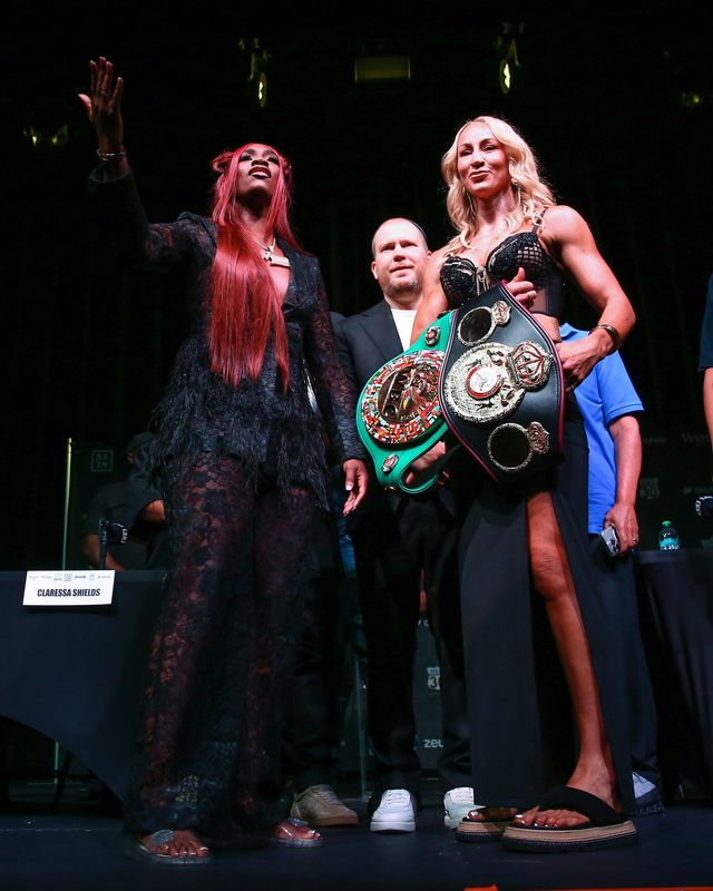 Claressa Shields with Kaye Scott on Friday, Aug. 14, 2026, in Atlanta, ahead of their fight the following day at State Farm Arena.