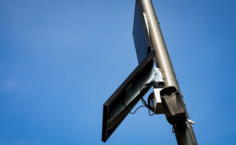 An automated license plate reader (ALPR) camera seen Friday, Aug. 14, 2026, near the intersection of Trowbridge and Harrison Road on the campus of Michigan State University.