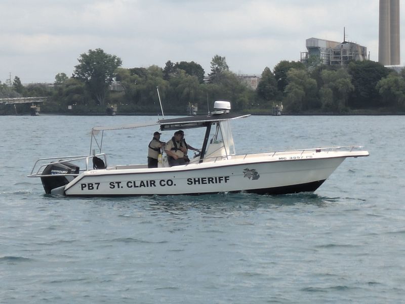 A St. Clair County Sheriff boat is seen during the Port Huron Float Down Sunday, Aug. 16, 2026 in the St. Clair River.