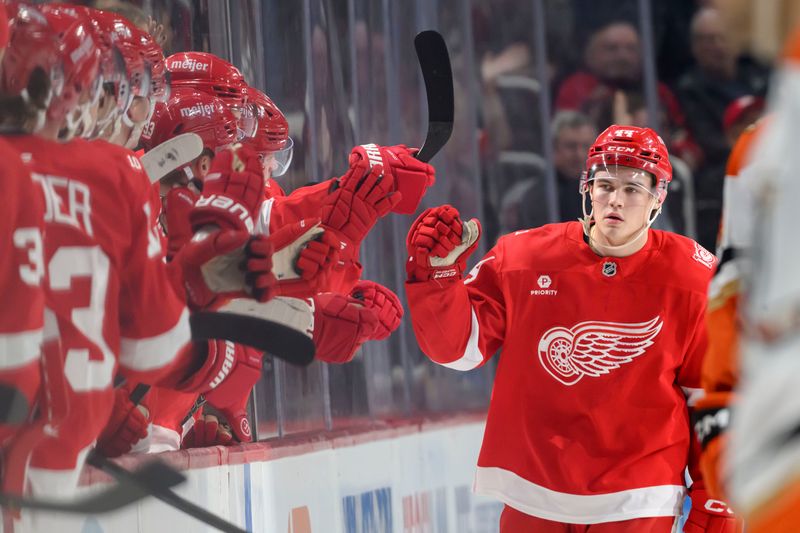 Defenseman Axel Sandin-Pellikka appeared in 68 games last season for the Red Wings, tallying 21 points.