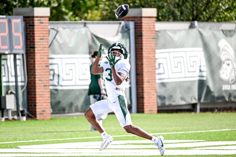 Michigan State receiver Rodney Bullard Jr. catches a pass during football practice on Monday, Aug. 17, 2026, in East Lansing.