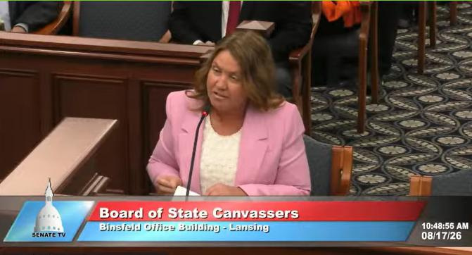 Former state Rep. Sara Cambensy, now running as an independent for the 38th Senate District, speaks to the Board of State Canvassers in Lansing on Monday, Aug. 17, 2026. The former Democrat was certified for the ballot despite some challenges to her petition signatures.