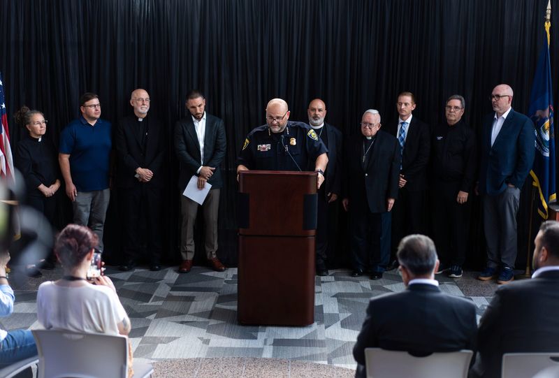 Dearborn Police Chief Issa Shahin speaks during a press conference on Monday, August 17, 2026, at Dearborn Administrative Center the day before anti-Islam protests are planned in the city.