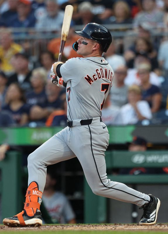 Detroit Tigers third baseman Kevin McGonigle (7) hits a two-run home run against the Pittsburgh Pirates during the second inning at PNC Park in Pittsburgh on Monday, Aug. 17, 2026.