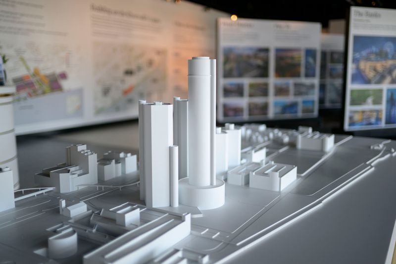A scale model of the east riverfront and the proposed plan for the Renaissance Center is on display at the East Riverfront Community Hub, in Detroit, Aug. 18, 2026.