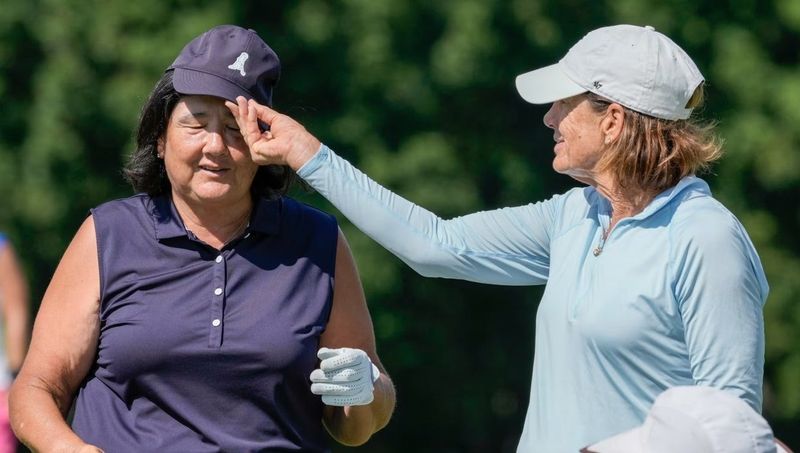 Juli Inkster, right, has some fun with Pat Hurst during a practice round at Barton Hills Country Club in Ann Arbor on Tuesday, Aug. 18, 2026, ahead of the U.S. Senior Women's Open.
