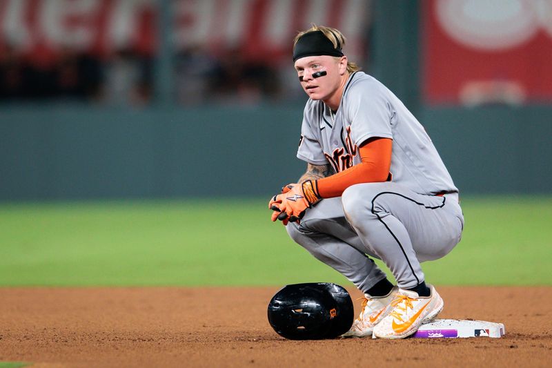 Detroit Tigers center fielder Max Clark (15) sits at second base during the sixth inning against the Kansas City Royals at Kauffman Stadium in Kansas City, Missouri, on Friday, Aug. 21, 2026.