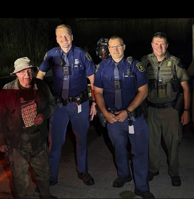 The search team located the missing fisherman after hearing his voice seeing the flame from his lighter.