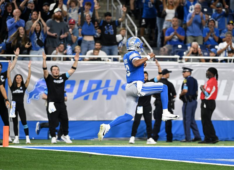 Lions quarterback Joshua Dobbs runs for a touchdown in the first half. Detroit Lions take on the Washington Commanders in preseason action on Aug. 22, 2026 at Ford Field in Detroit.