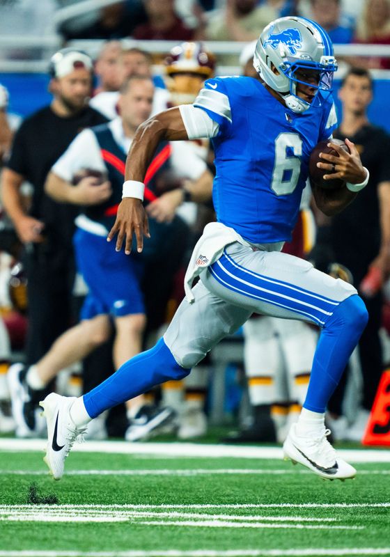 Detroit Lions quarterback Joshua Dobbs (6) runs towards the end zone with the ball during the first quarter of a preseason game against the Washington Commanders at Ford Field in Detroit on Saturday, Aug. 22, 2026.