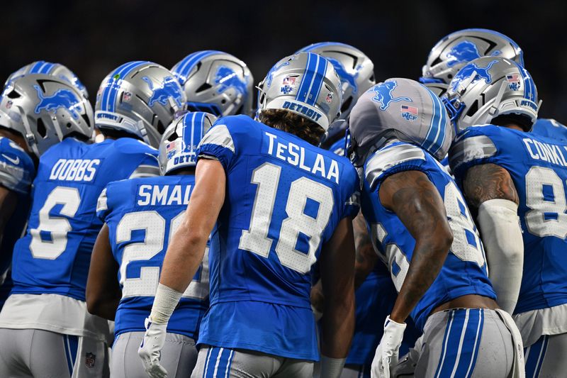Aug 22, 2026; Detroit, Michigan, USA;  Detroit Lions offense huddling up against the Washington Commanders in the first quarter at Ford Field.  Mandatory Credit: Lon Horwedel-Imagn Images