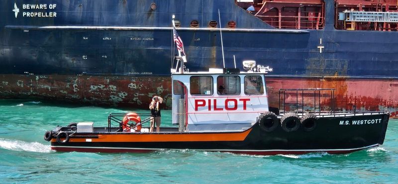 The J.W. Westcott mail and pilot boat M.S. Westcott floats on the Detroit River next to a freighter.