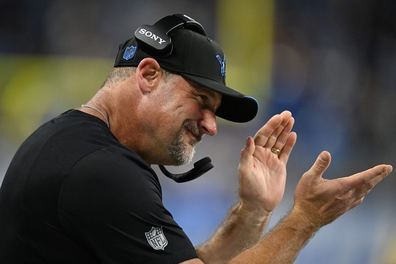 Aug 22, 2026; Detroit, Michigan, USA;  Detroit Lions head coach Dan Campbell on the sidelines in the second half of their game against the Washington Commanders at Ford Field.  Mandatory Credit: Lon Horwedel-Imagn Images