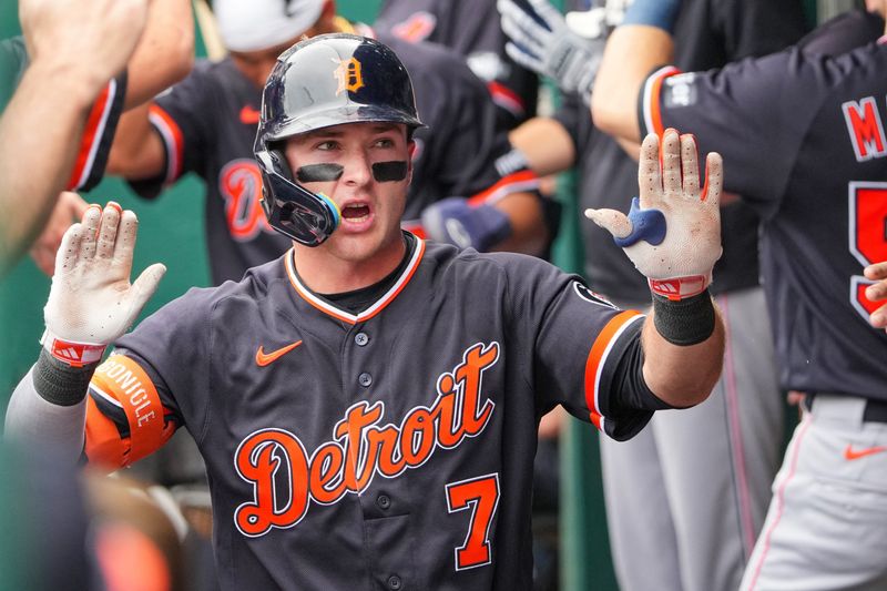 Detroit Tigers shortstop Kevin McGonigle (7) celebrates in the dugout after scoring against the Kansas City Royals during the fifth inning at Kauffman Stadium in Kansas City, Missouri, on Sunday, Aug. 23, 2026.