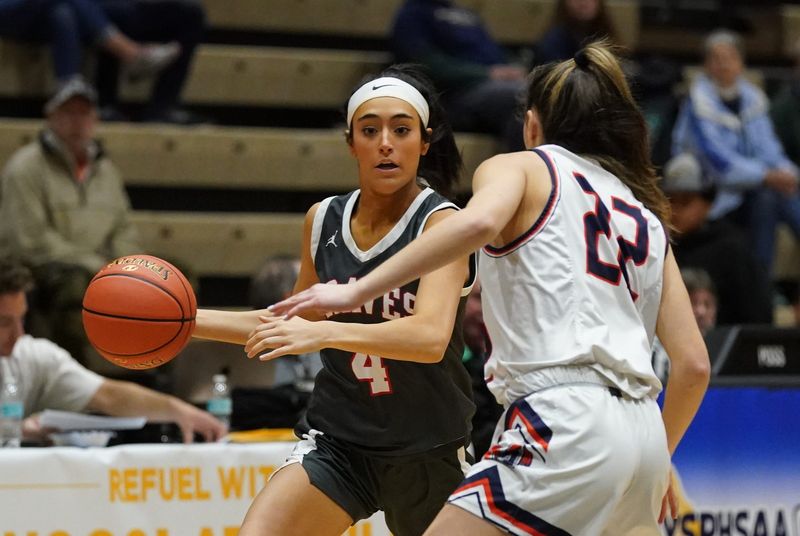 Canandaigua's Mya Herman (4) drives the baseline in the girls Class A state semifinal game against Manhasset at Hudson Valley Community College in Troy, on Friday, March 17, 2023.