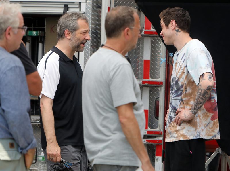 Director Judd Apatow and actor Pete  Davidson on set while shooting their new untitled comedy film July 29, 2019 in Yonkers.