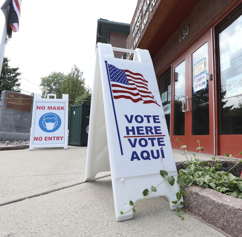 A "vote here" sign at the West Haverstraw Community Center June 23, 2020.
