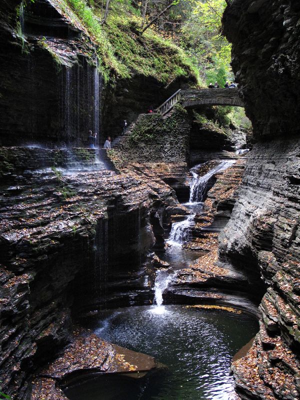 Watkins Glen State Park is in Schuyler County, south of Seneca Lake. It features a series of 19 waterfalls along a narrow gorge. A path of stone steps and stone bridges highlights the park's popular Gorge Trail.