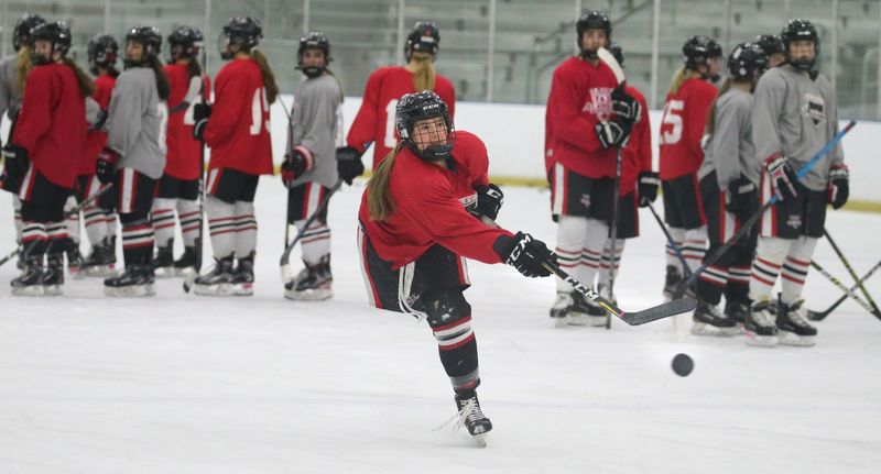 Haley Winn of Webster fires a slap shot on net during the Bishop Kearney Selects Academy U19 practice Tuesday, Nov. 12, 2019 at Bill Gray's Regional Iceplex in Brighton.