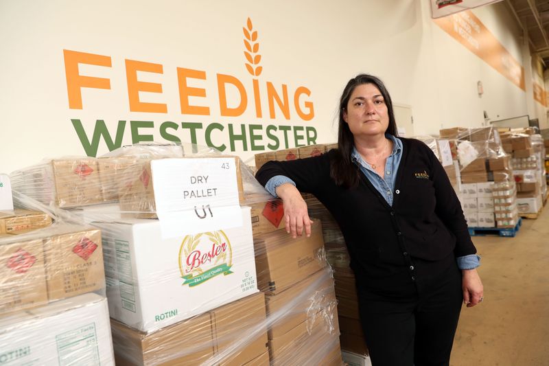 Feeding Westchester President and CEO Karen Erren in the nonprofit's Elmsford warehouse in April 2021. After five years at the helm of the massive regional food bank, Erren has left Feeding Westchester.