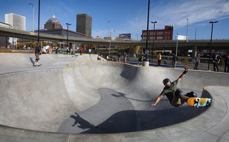 Sam Sarratori, Rochester, rides the edge of the multi-depth bowl on his skateboard at the newly opened first phase of the Roc City Skatepark in downtown Rochester Friday, Nov. 6, 2020.  The 26,000-square foot skate park was 13 years in the making
