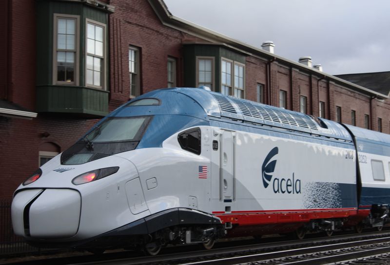 The Acela high-speed train produced by Alstom departs Hornell in November 2021, bound for delivery to Amtrak. It was the first completed train to leave the Alstom shop following the deployment of two test trains.