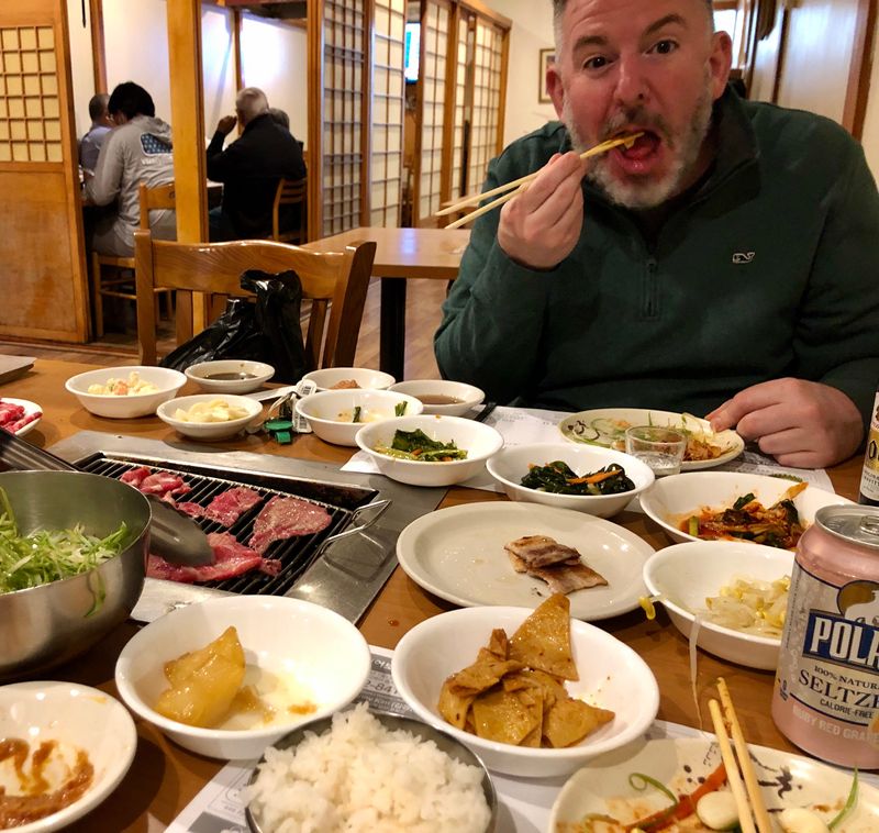 A spread of meats and accompaniments at Kimchi-Hana in South Plainfield, New Jersey.