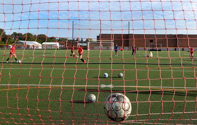 Shooting drills during a Webster Schroeder girls soccer preseason practice.