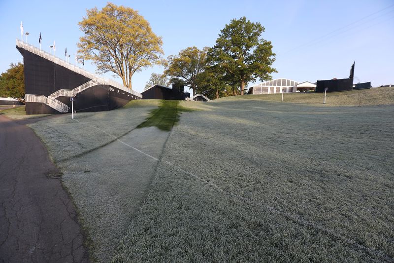The frost slowly melts revealing the golfers path from hole 1 tee towards the green. The first round of the PGA Championship May 18, 2023, was delayed over an hour due to frost. The tournament was held at Oak Hill Country Club