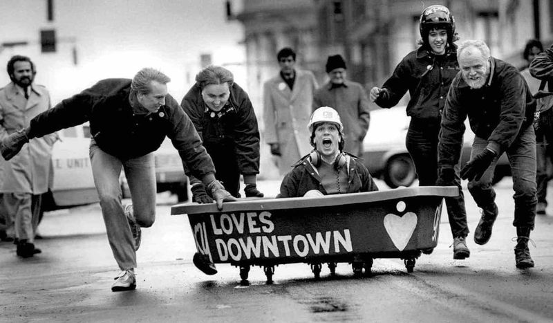 Scott Spezzano of WPXY shouts for joy as his group takes the lead at the start of the bathtub race during a downtown event in 1985. They lost the race.