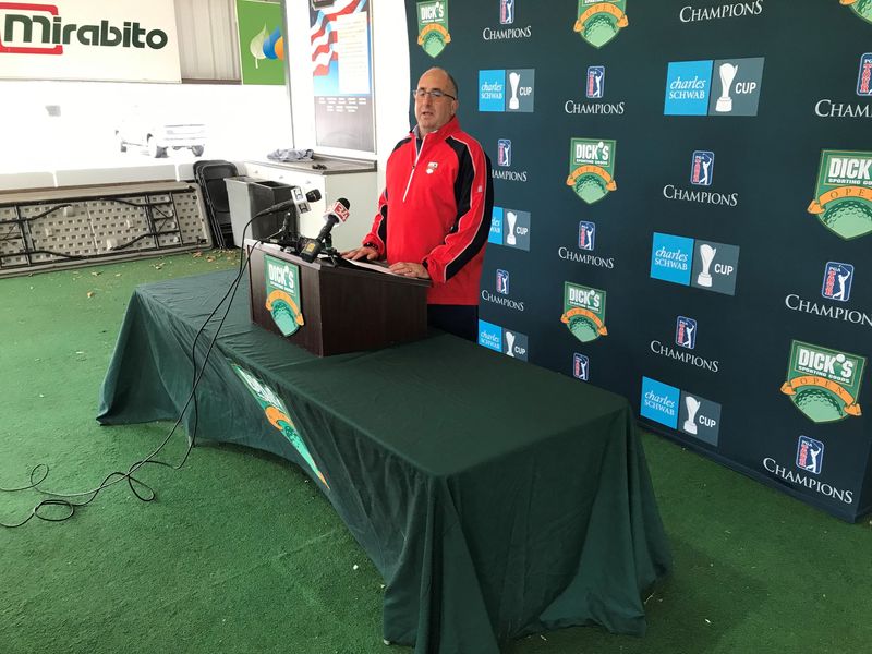 John Karedes, Dick's Sporting Goods Open tournament directors, addresses media members April 15, 2021 at En-Joie Golf Course.