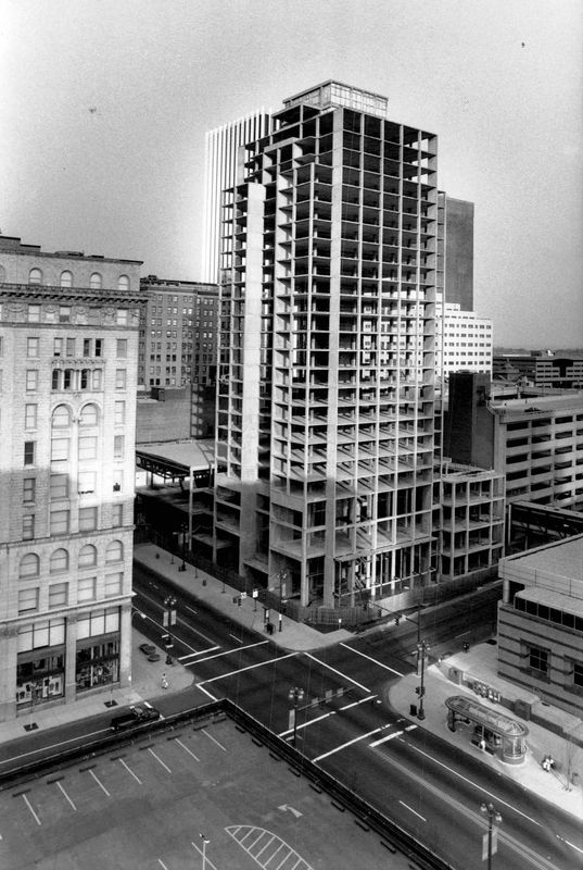 The half-built Hyatt Regency Hotel sits at South Avenue and East Main Street in 1990. The Hyatt may be a downtown fixture these days, but the project nearly fell through in the late 1980s. Construction restarted in 1990 and the hotel opened in 1992.