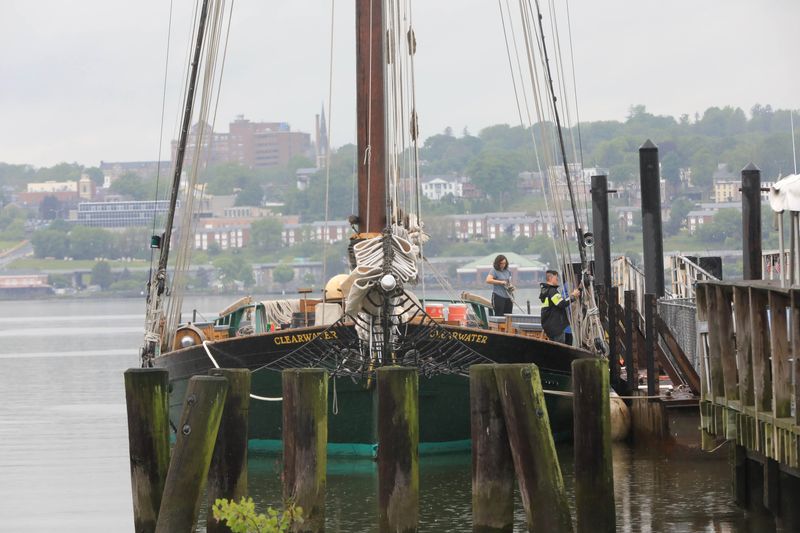 Crew prepare the Sloop Clearwater for a trip down the Hudson River on May 15, 2024.