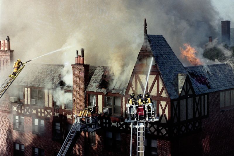Hartsdale firefighters with help from several surrounding departments battle a multi-alarm fire at 68 East Hartsdale Avenue May 23, 1993. The fully occupied 6-story apartment building was safely evacuated with only a few minor injuries during the early morning fire. Many residents were left homeless following the blaze that destroyed several apartments and left many with smoke and water damage.