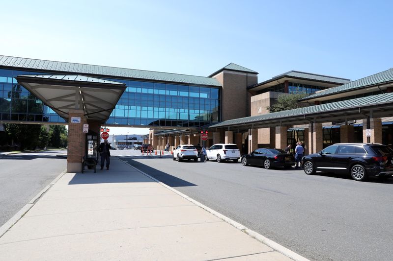 Travelers at Westchester County Airport July 19, 2024 in White Plains. Flights are delayed due to a global IT outage.