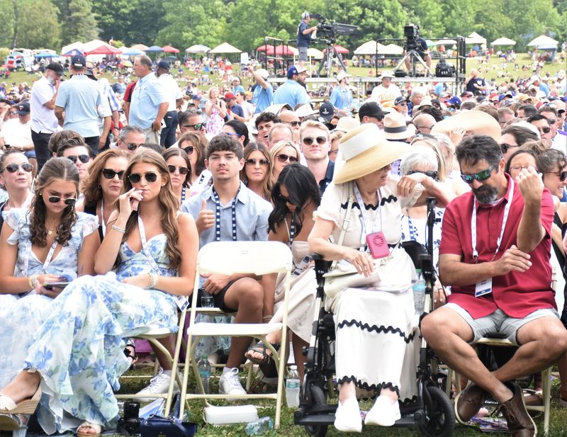 A view of the crowd looking out from the stage at the 2024 Baseball Hall of Fame induction ceremony at the Clark Sports Center in Cooperstown.