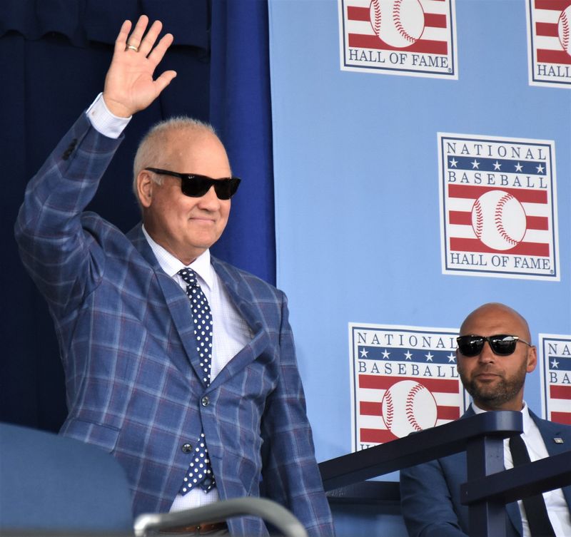 Ryne Sandberg acknowledges the crowd during the introduction of returning inductees at the National Baseball Hall of Fame's 2024 induction ceremony Sunday, July 21, 2024, at the Clark Sports Center in Cooperstown, New York.